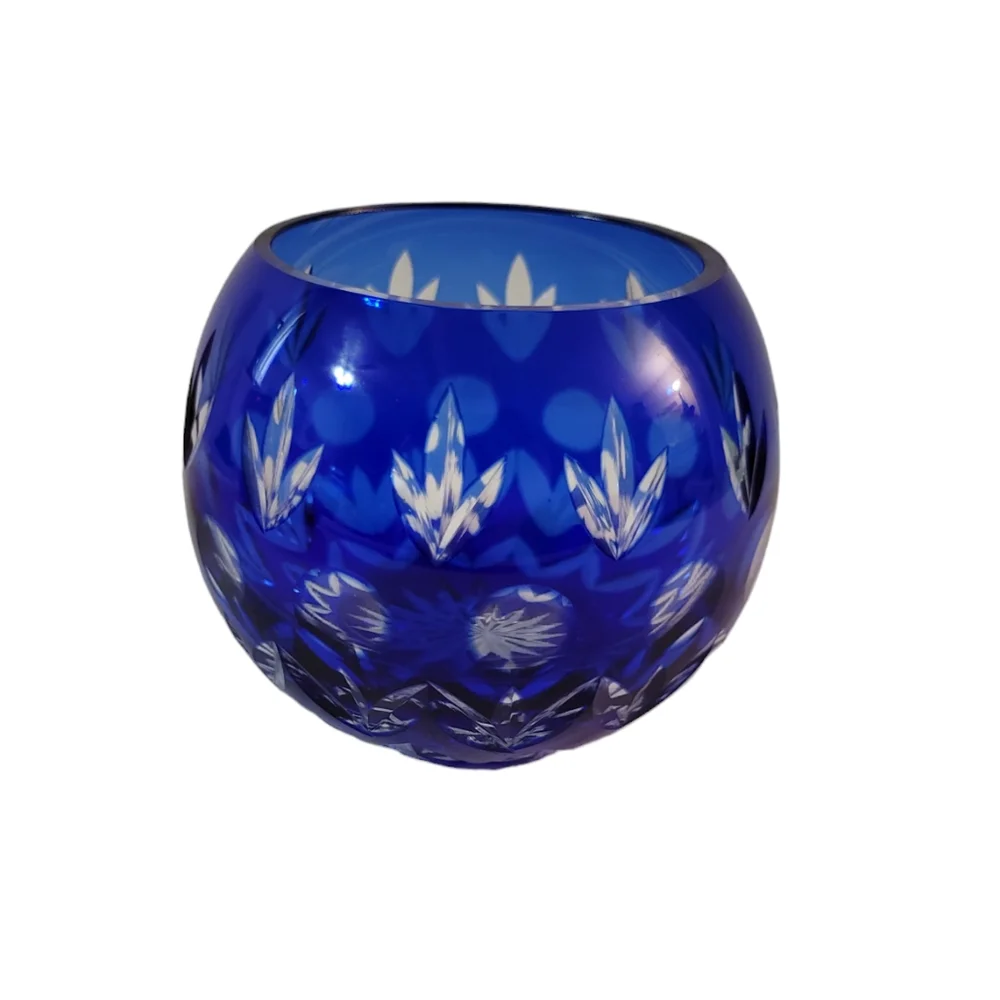 Cut to Clear Crystal Candle Holder Vase Royal Blue Clear